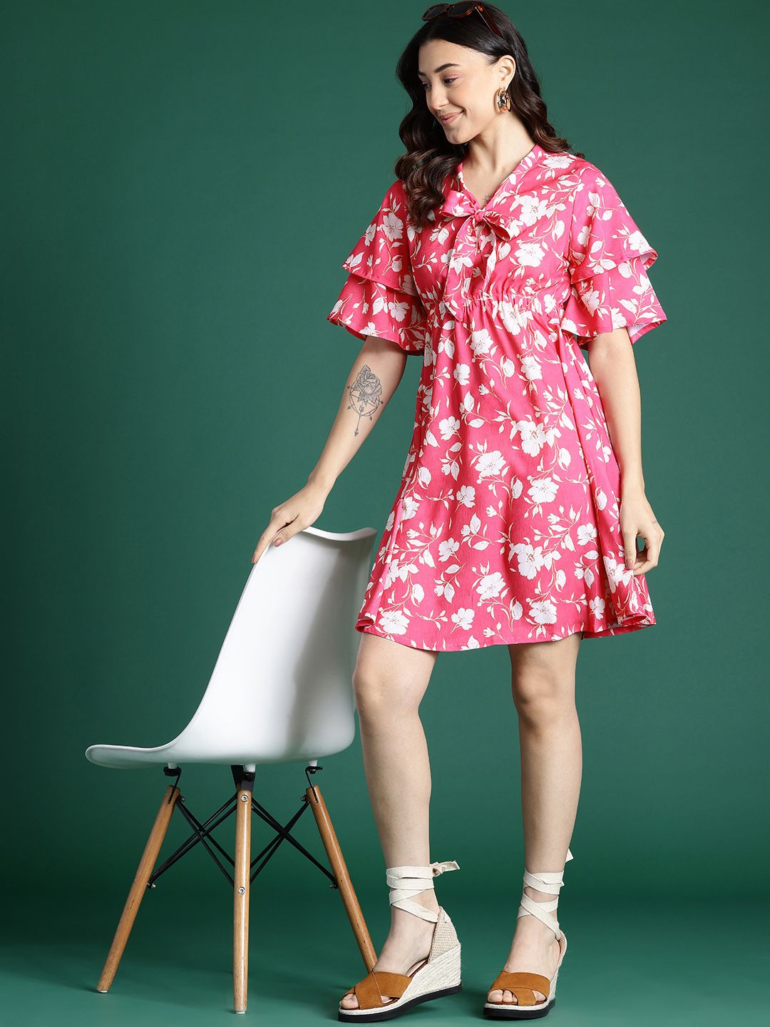 DressBerry Printed Tie-Up Neck Flared Sleeve Mini Dress