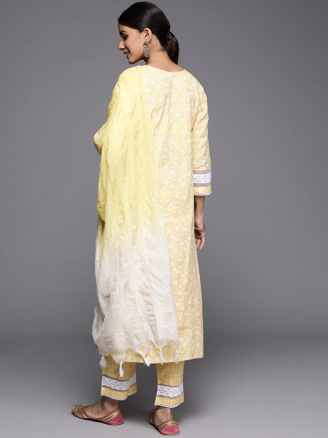 Indo Era Women Yellow Embroidered Thread Work Kurta with Trousers & Dupatta