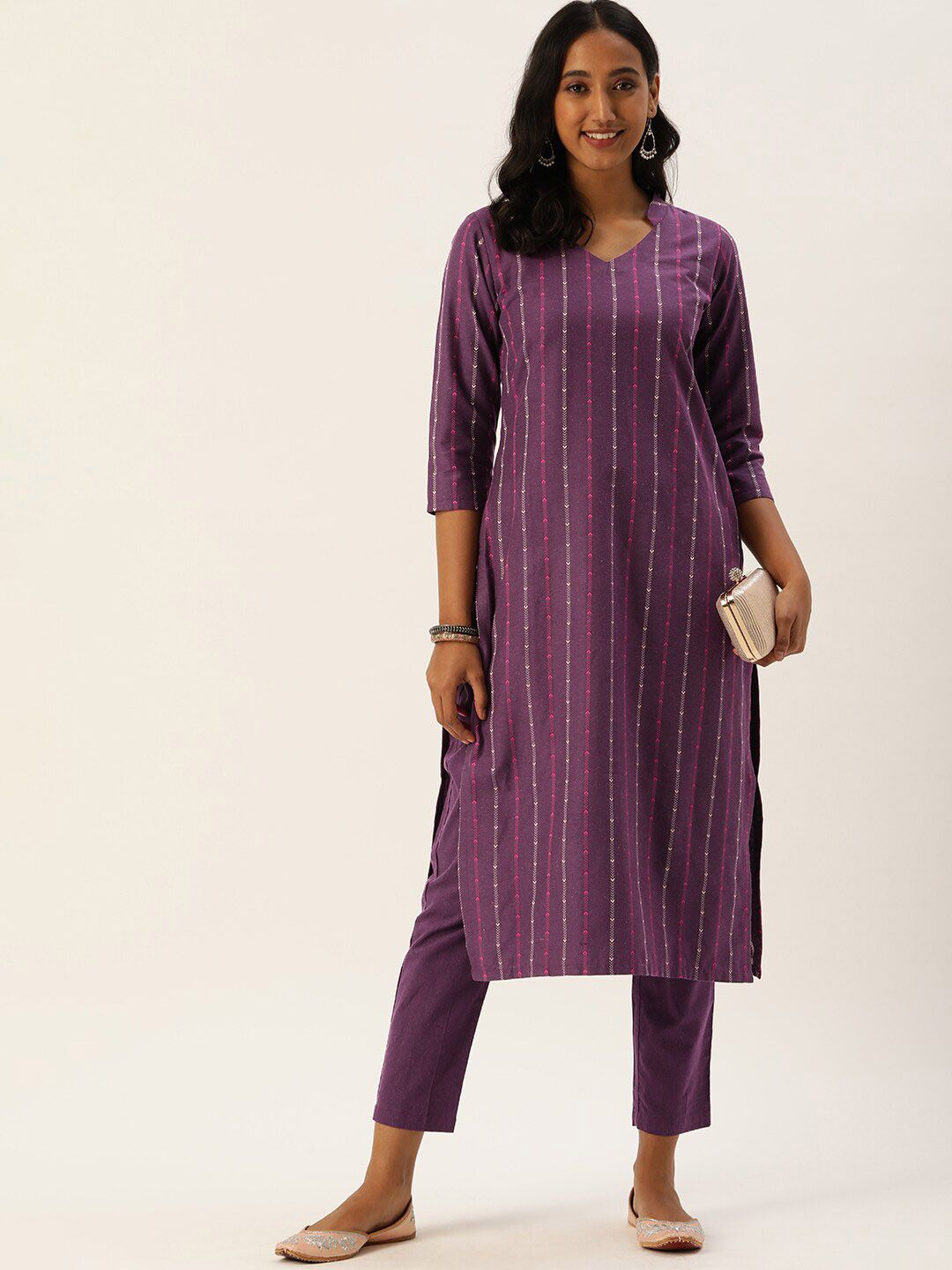 KALINI Striped Printed Mandarin Collar Three-Quarter SleevesThread Work Kurta Set