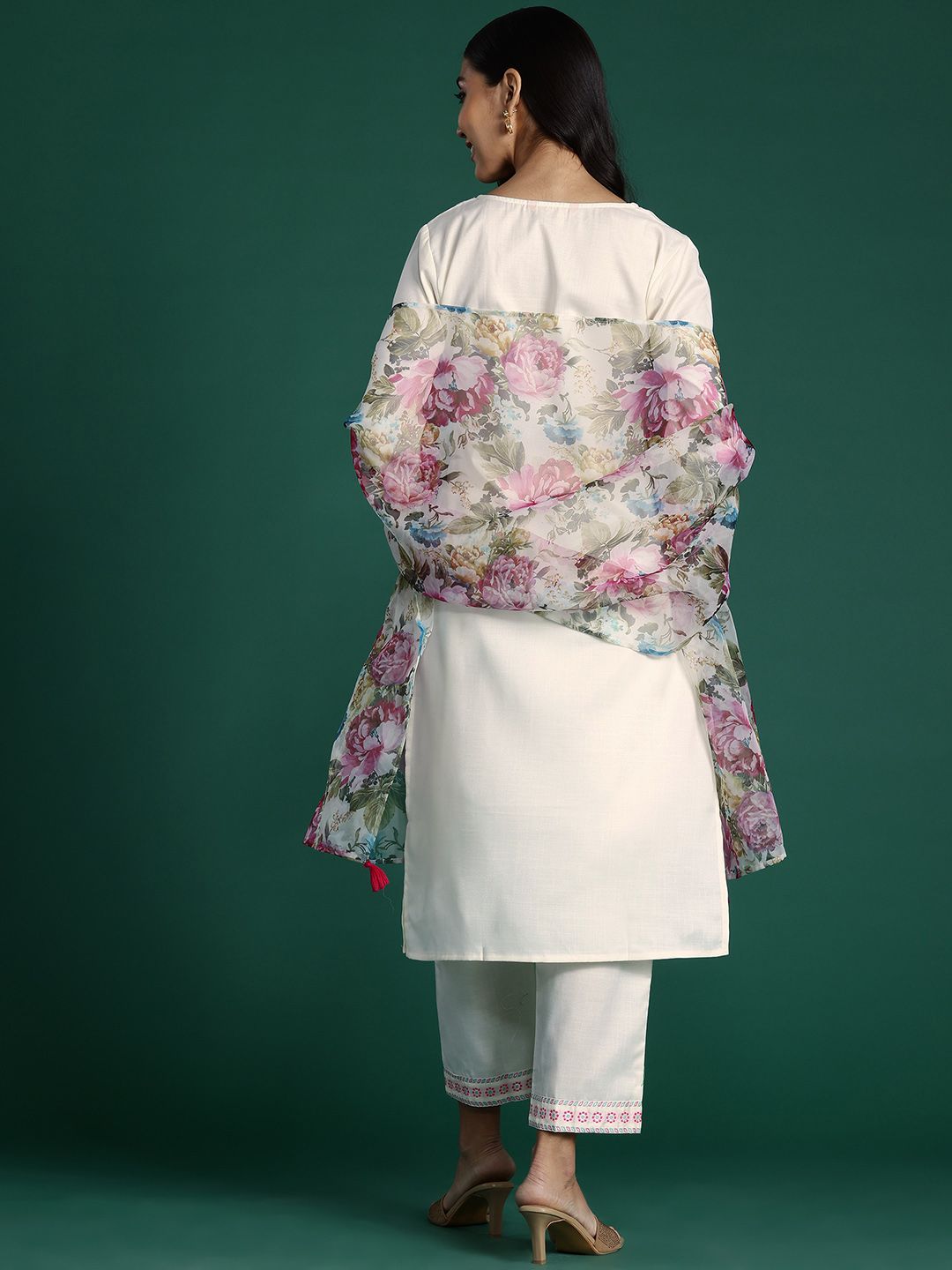 Indo Era Yoke Design Zari Pure Cotton Kurta With Trousers & Dupatta