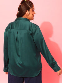 CURVY STREET Plus Size Green Classic Satin Casual Shirt