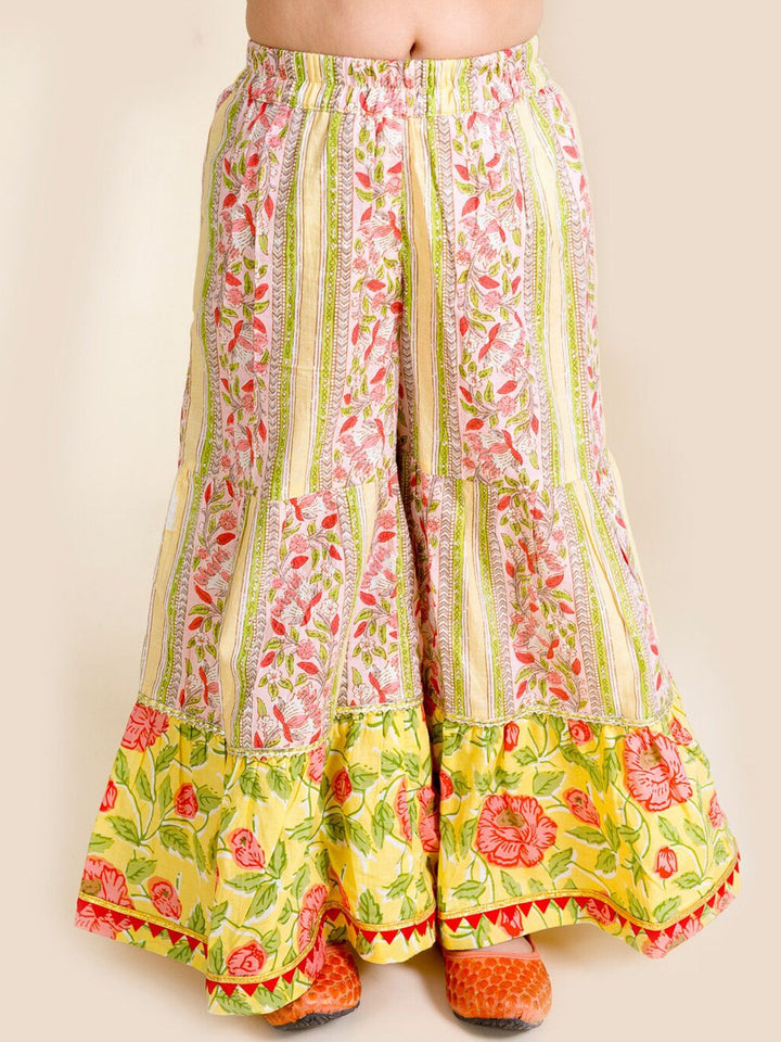 pspeaches Girls Yellow Floral Printed Pleated Pure Cotton Kurta with Sharara & With Dupatta