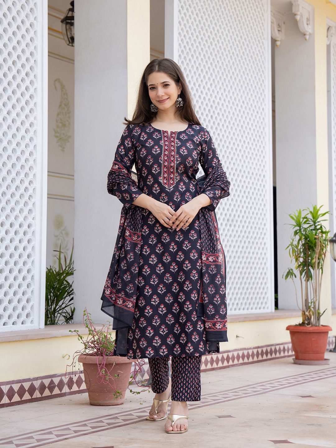 KALINI Floral Printed Round Neck Straight Kurta With Trousers & Dupatta