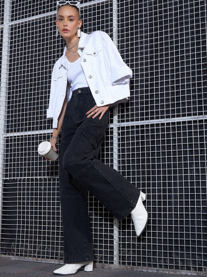 SASSAFRAS Women Black Straight Fit High-Rise Light Fade Stretchable Cargo Jeans