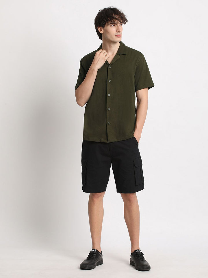THE BEAR HOUSE Cuban Collar Seersucker Weave Casual Shirt