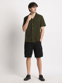 THE BEAR HOUSE Cuban Collar Seersucker Weave Casual Shirt