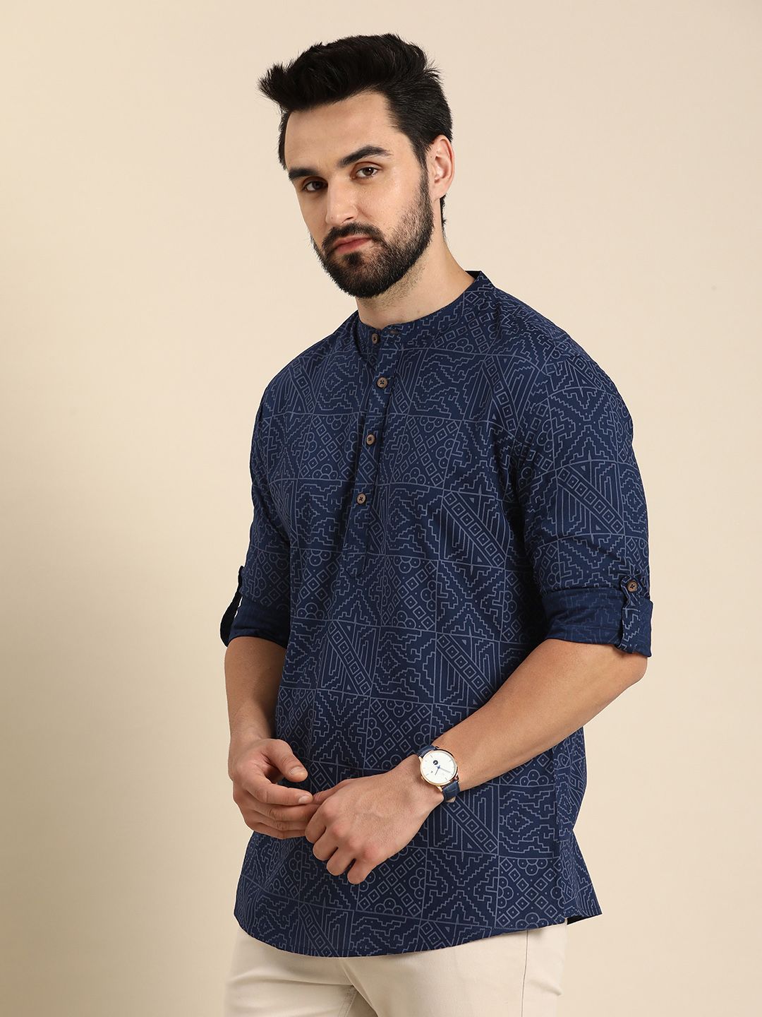 Anouk Men Geometric Printed Cotton Indigo Short Kurta