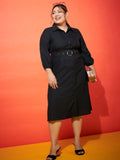 SASSAFRAS Curve Plus Size Black Shirt Style Midi Dress