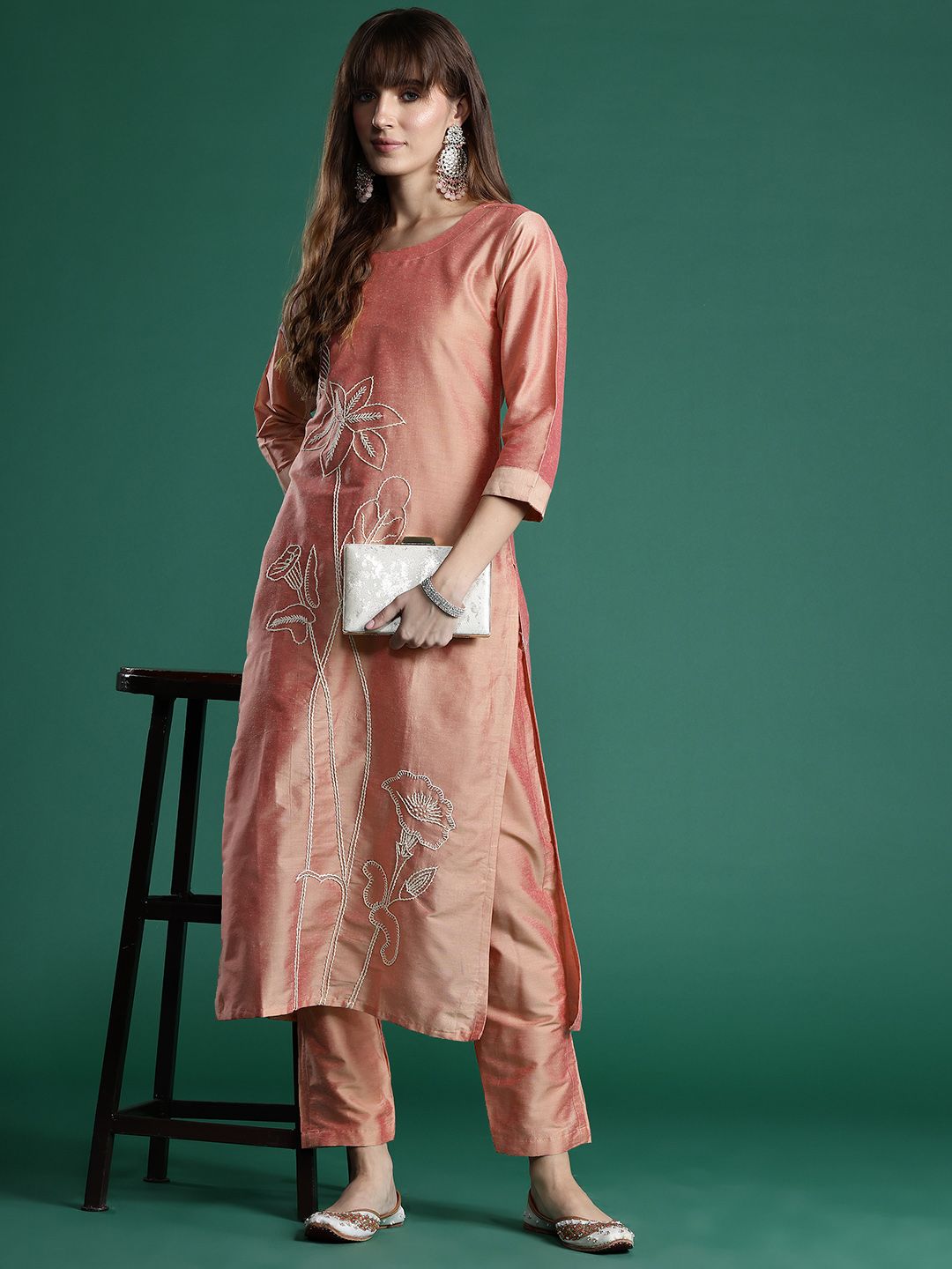 Indo Era Floral Embroidered Thread Work Kurta with Trousers