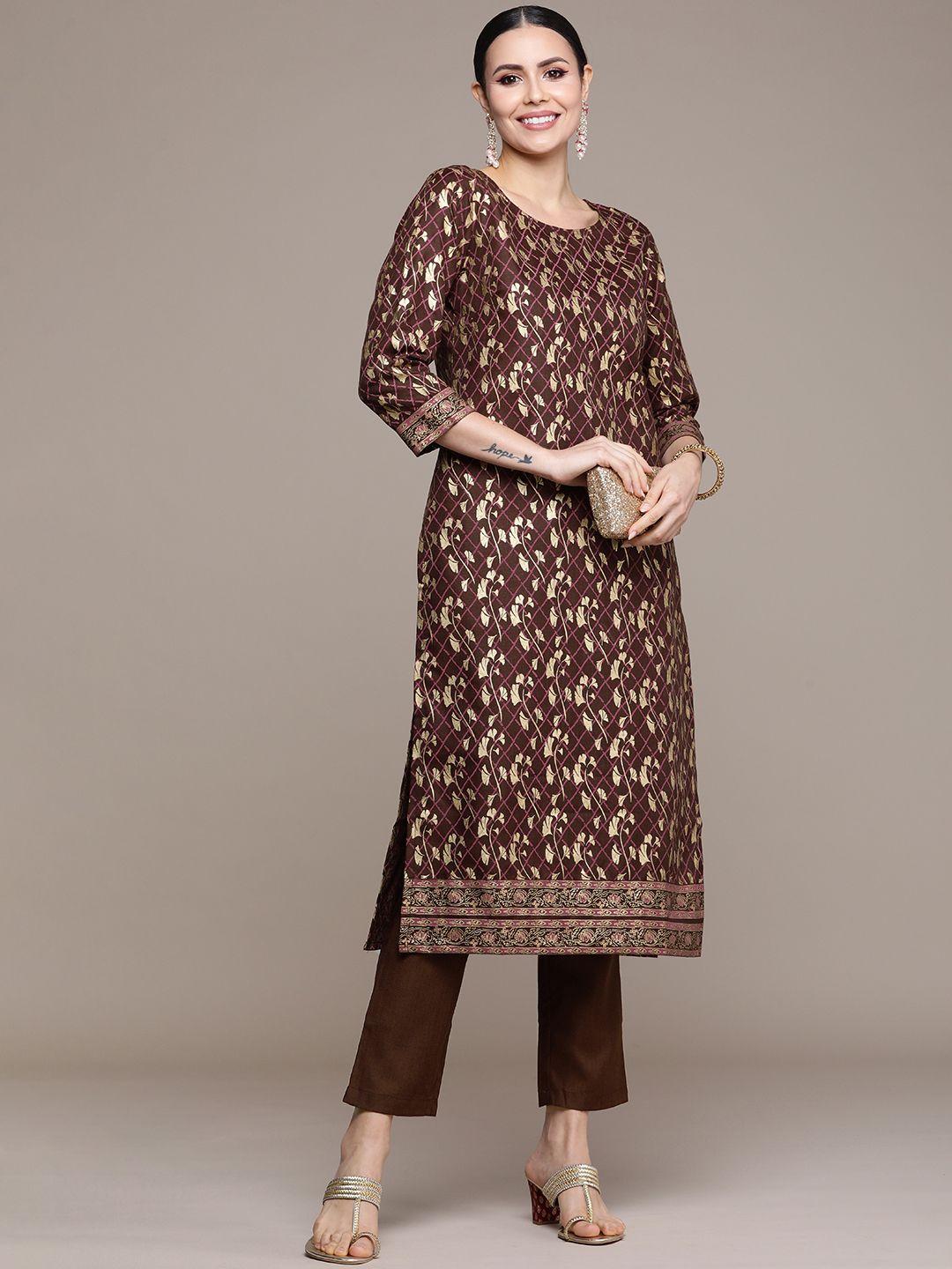 Anouk Women Brown Floral Printed Regular Kurta with Trousers