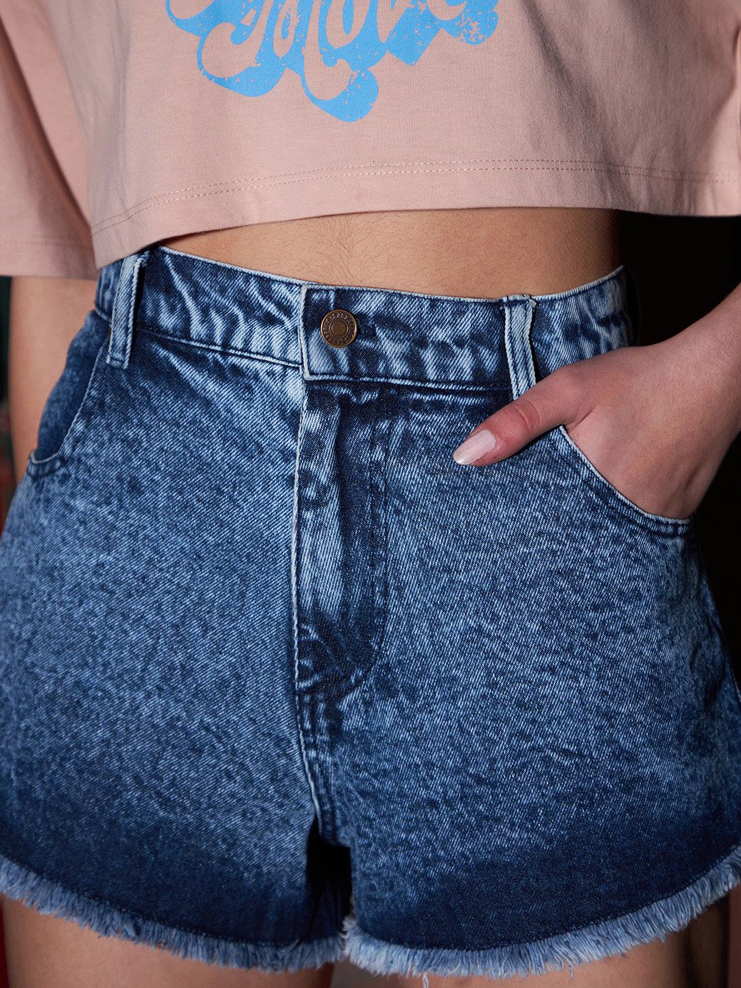 SASSAFRAS Women Washed Mid-Rise Denim Shorts