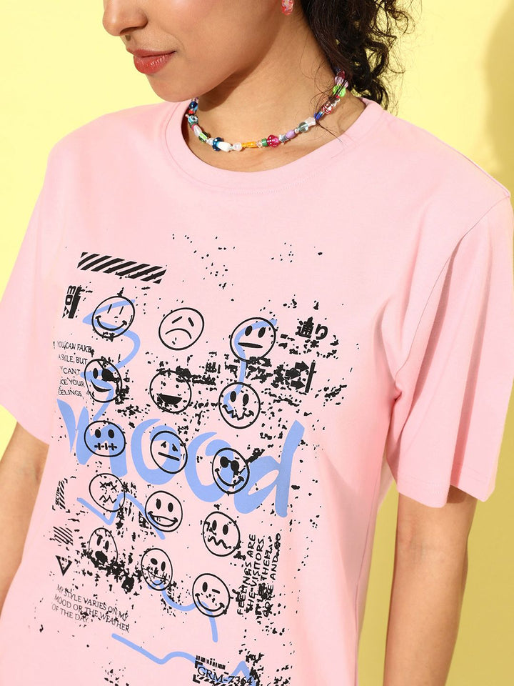 DILLINGER Pink & Black Printed Oversized Pure Cotton Longline T-shirt