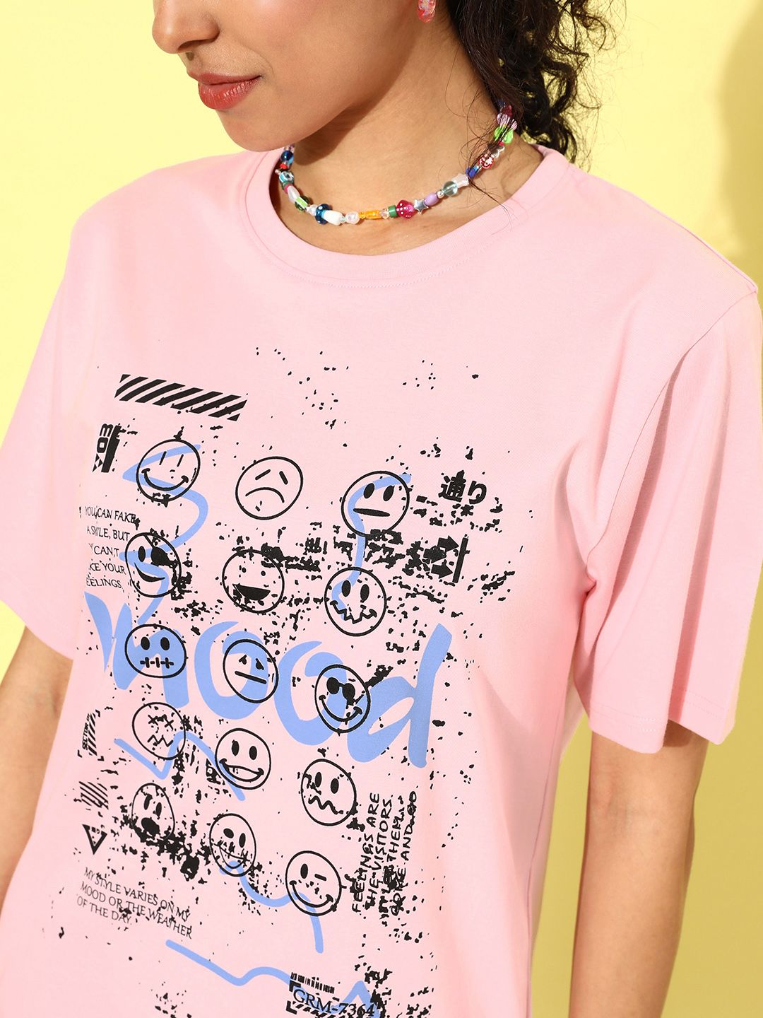 DILLINGER Pink & Black Printed Oversized Pure Cotton Longline T-shirt