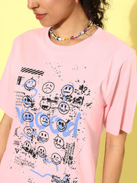 DILLINGER Pink & Black Printed Oversized Pure Cotton Longline T-shirt