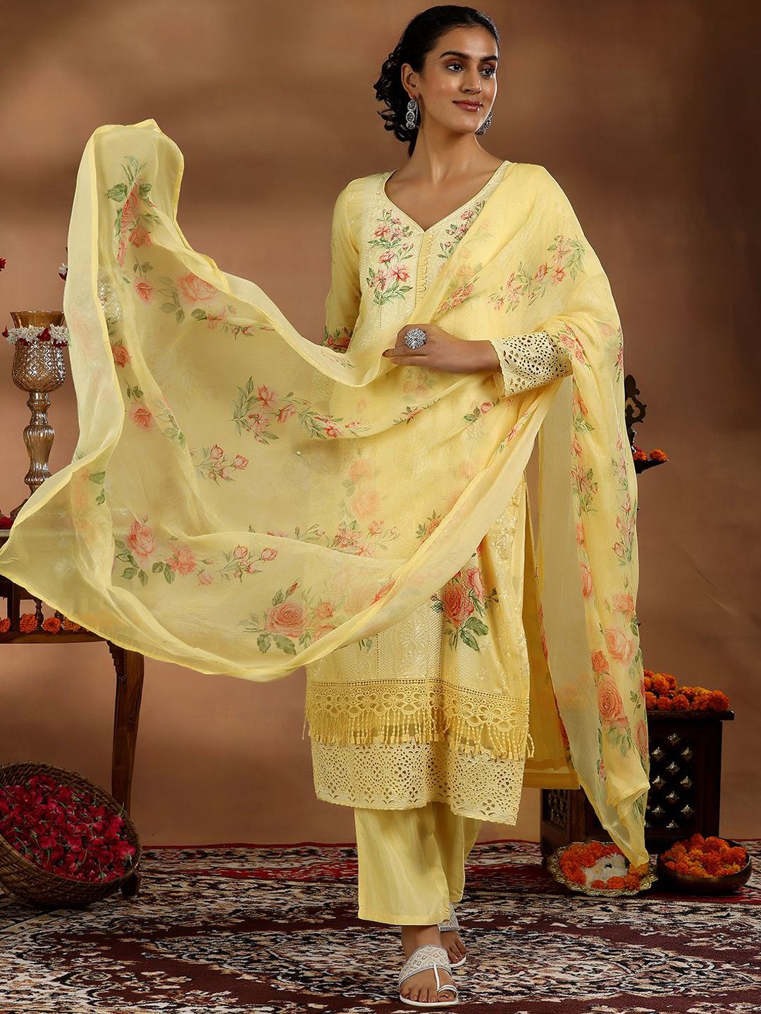 Libas Floral Printed Thread Work Straight Kurta With Trousers & Dupatta