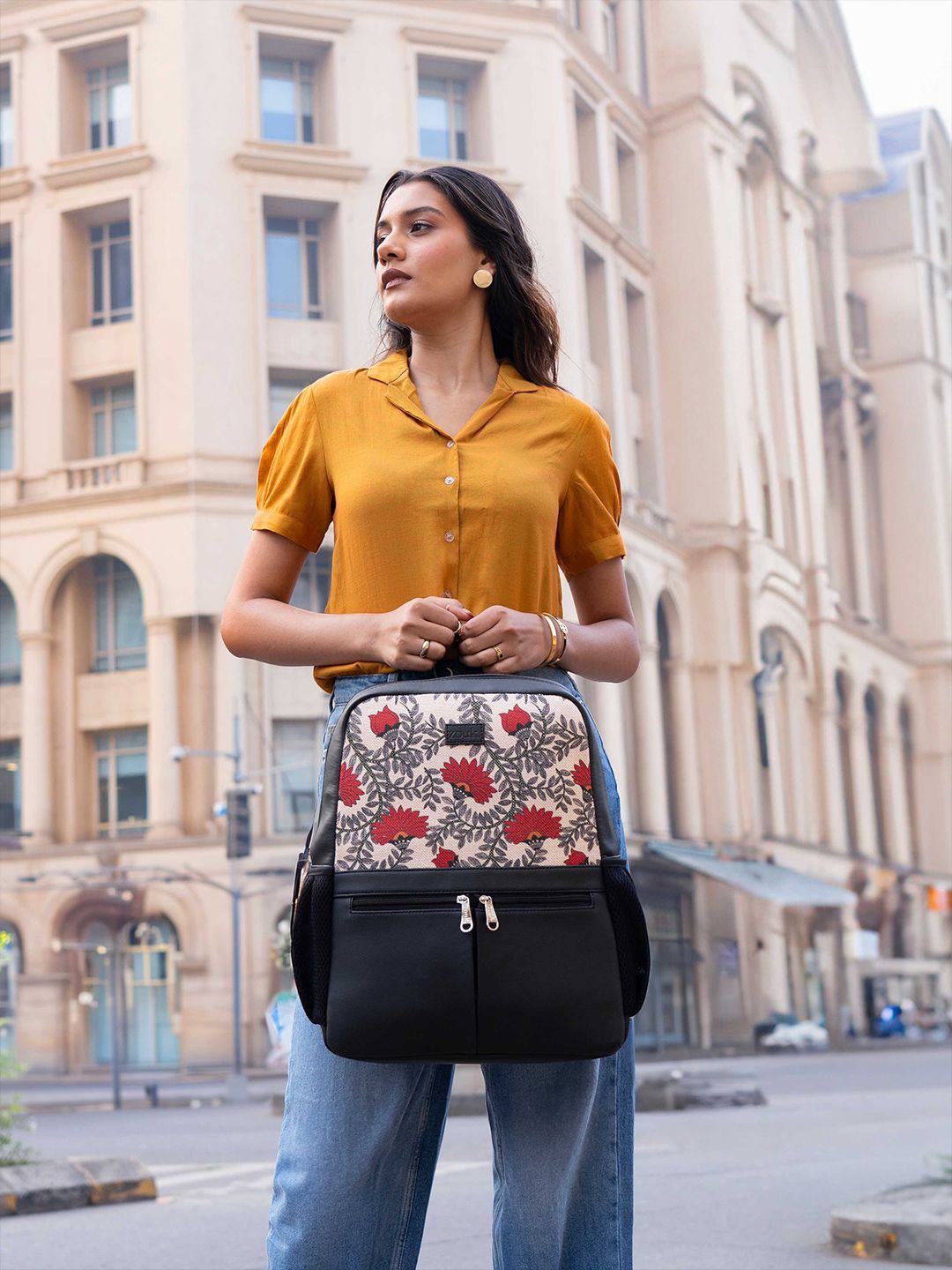 ZOUK Women Floral Printed Vegan Leather Backpack With Compression Straps-Up to 16 inch