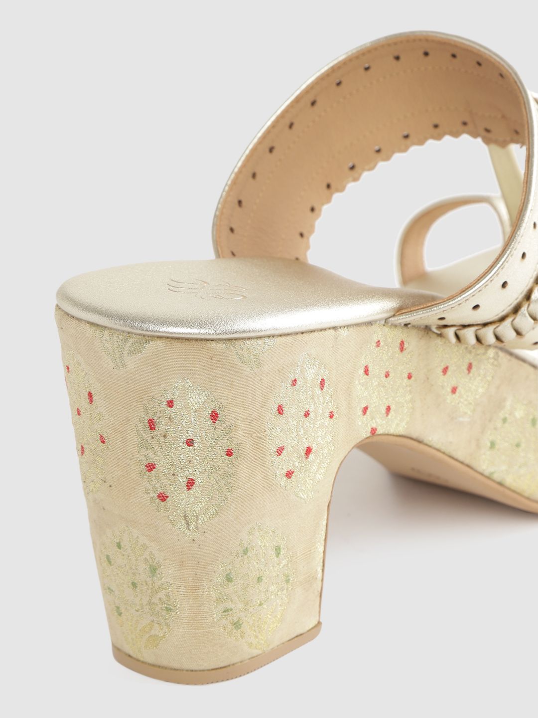 House of Pataudi Women Gold-Toned Braided Detail Handcrafted One-Toe Block Heels