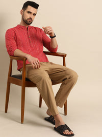 Anouk Men Coral Red Embroidered Mandarin Collar Short Kurta