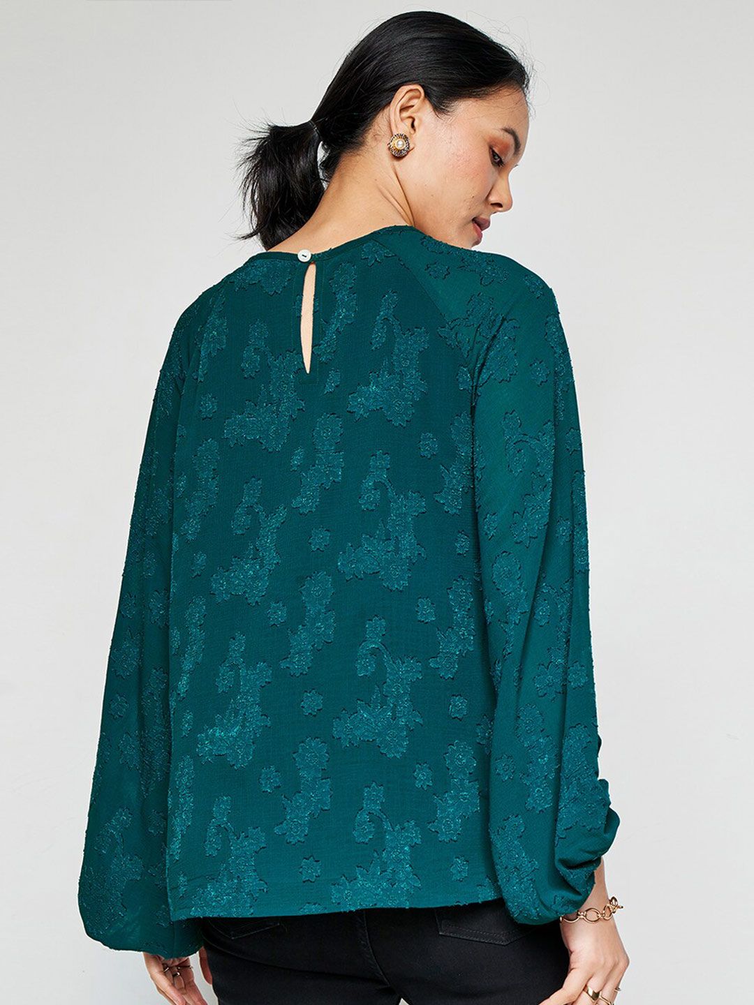 AND Floral Print Round Neck Puff Sleeves Opaque Casual Top