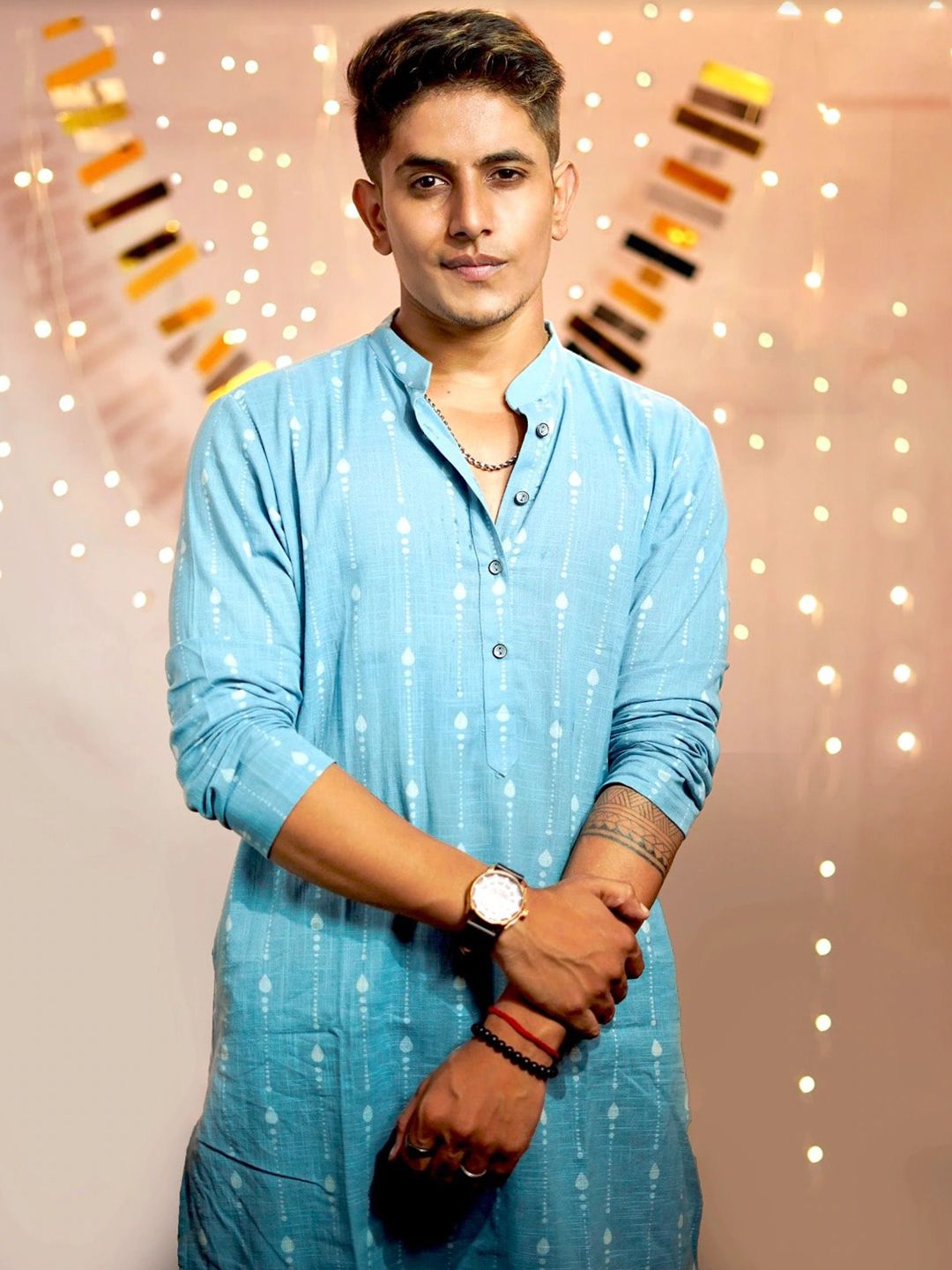 See Designs Men Blue & White Printed Straight Kurta