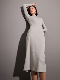 SASSAFRAS Grey Mock Neck A-Line Midi Dress