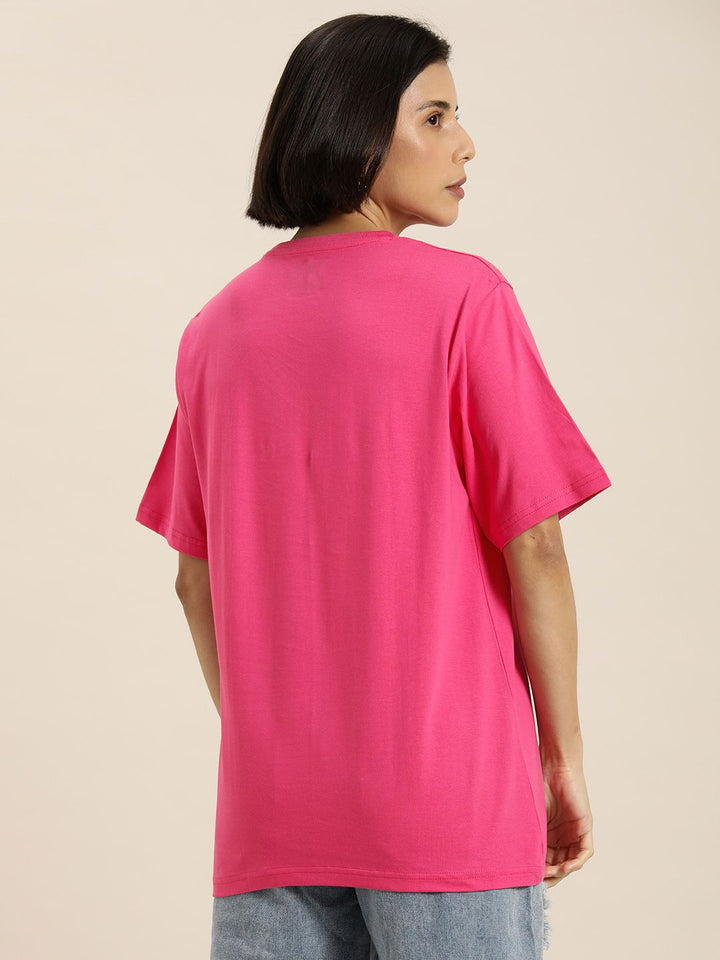 DILLINGER Women Pink & Cream-Coloured Typography Pure Cotton Oversized T-shirt