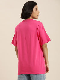 DILLINGER Women Pink & Cream-Coloured Typography Pure Cotton Oversized T-shirt