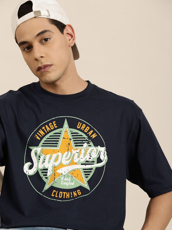 DILLINGER Men Navy Blue Printed Pure Cotton Oversized T-shirt
