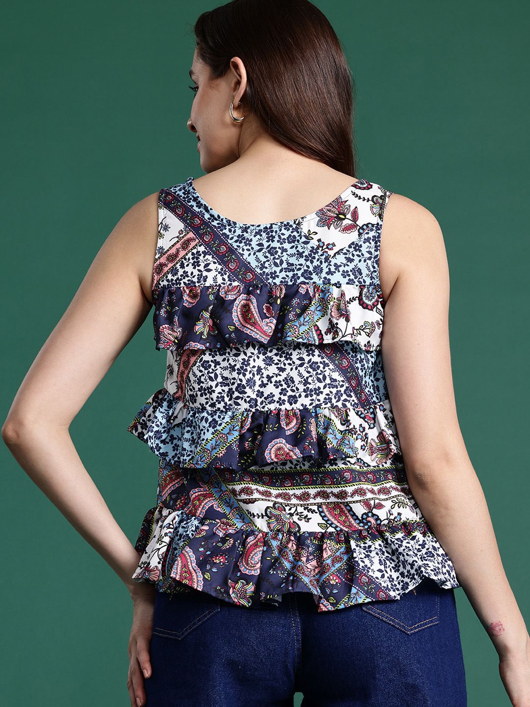 DressBerry Printed Ruffles Detail Sleeveless Top