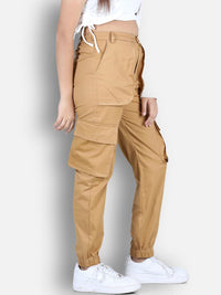 Cutiekins Girls Camel Brown High-Rise Cargos Trouser