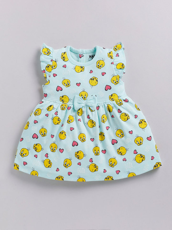 Happy Faces Girls Cotton Printed Flutter Sleeve Fit & Flare Dress