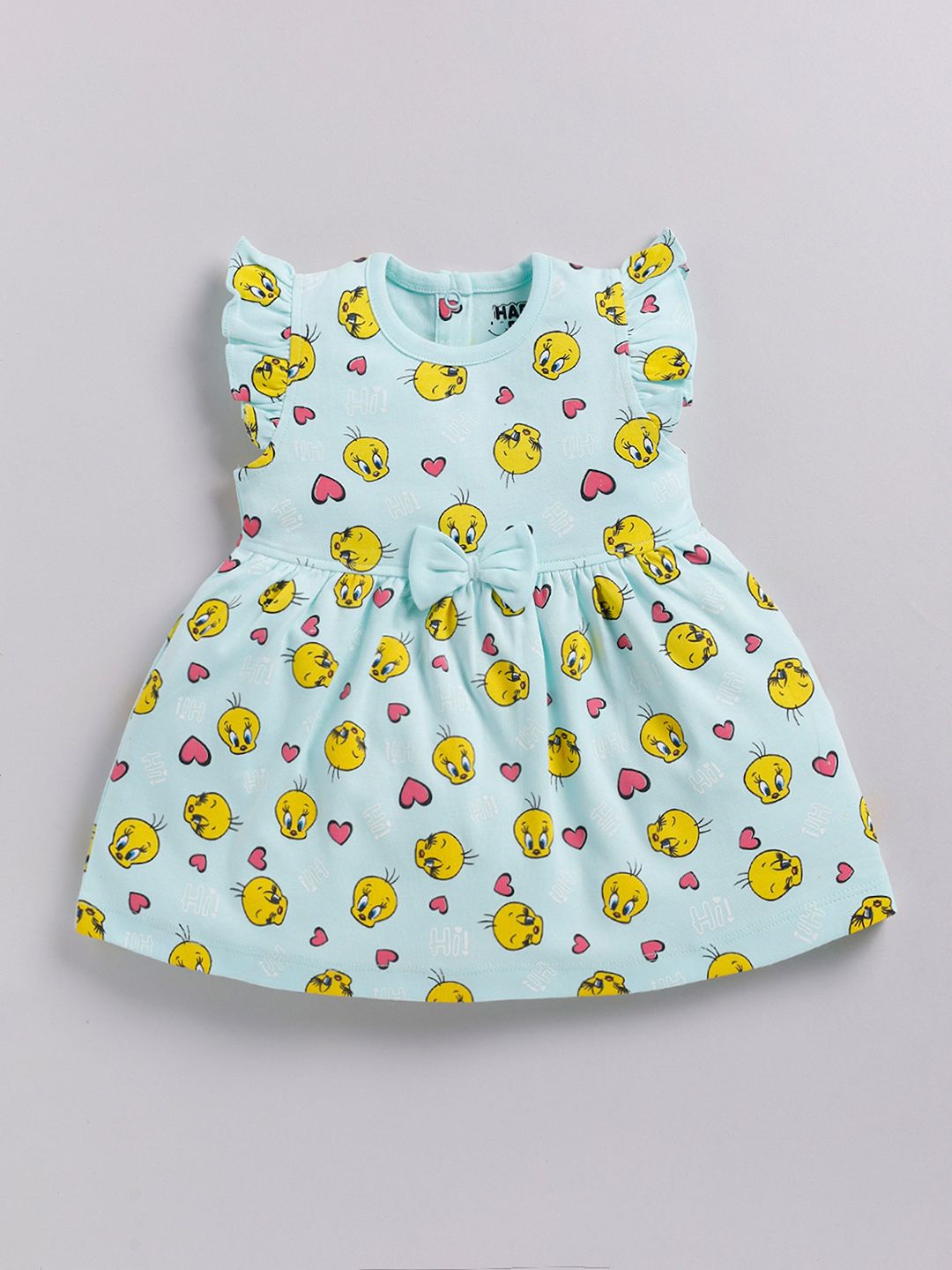 Happy Faces Girls Cotton Printed Flutter Sleeve Fit & Flare Dress