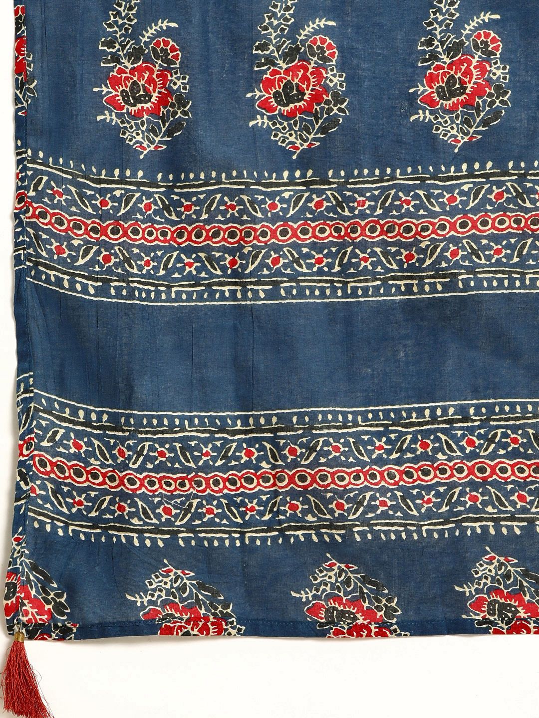 Motif etnik biru wanita anouk dicetak kurta kapas tulen biasa dengan palazzos & dupatta