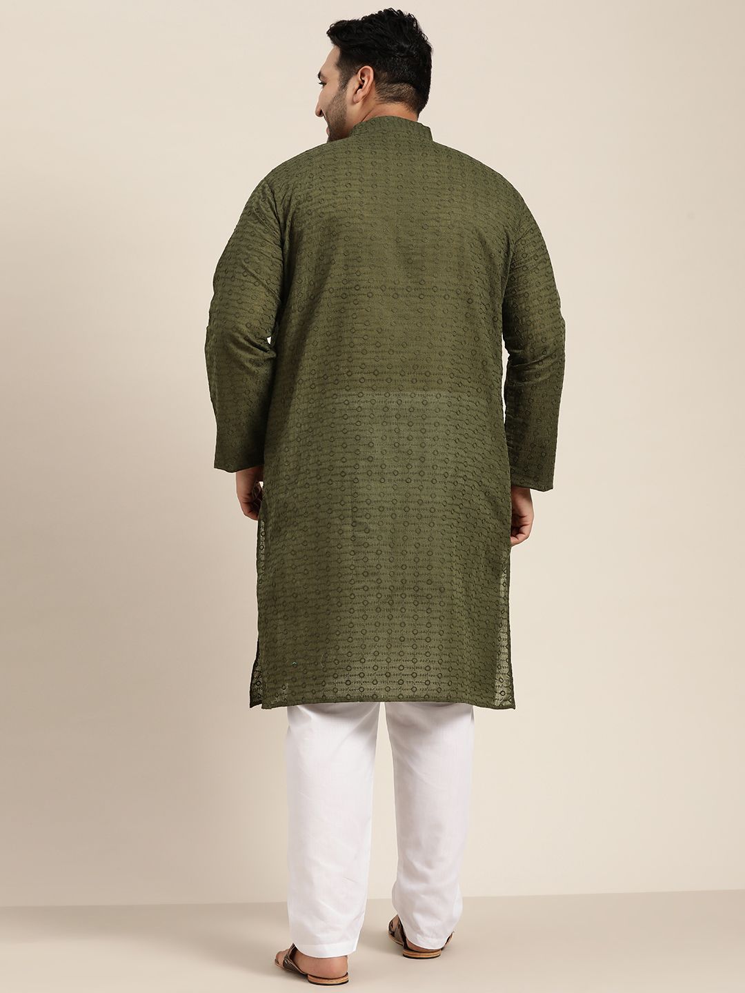 SOJANYA PLUS Size Men Olive Green Geometric Embroidered Pure Cotton Kurta