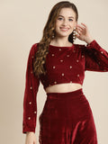 Shae by SASSAFRAS Maroon & Gold-Toned Embroidered Velvet Regular Crop Top
