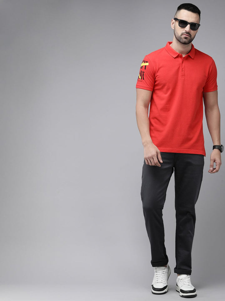 SPYKAR Pure Cotton Typography Printed Polo Collar Slim Fit T-shirt