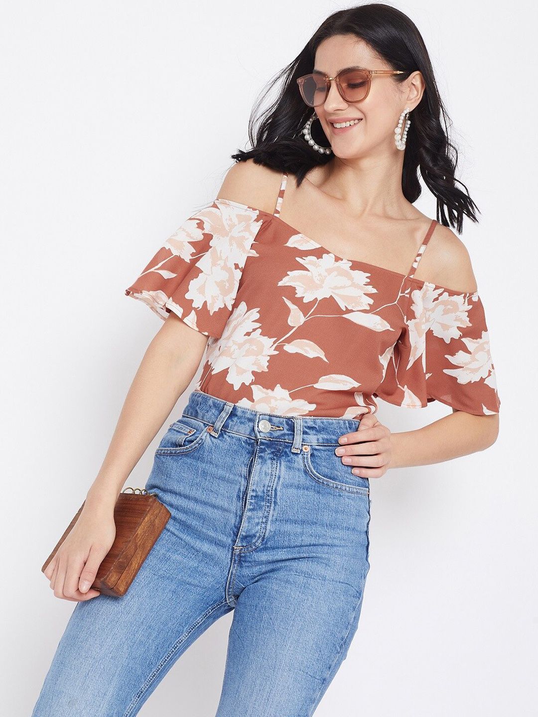 Berrylush Women Brown Printed Bardot Top