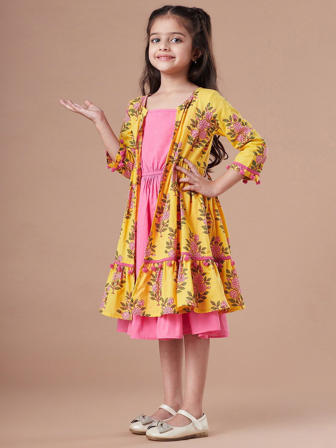 pspeaches Girls Print Fit & Flare Dress With Shrug