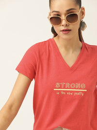 DressBerry Women Red Typography Printed V-Neck T-shirt