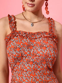STREET 9 Women Orange Printed Floral Crepe Sheath Ruffle Dress