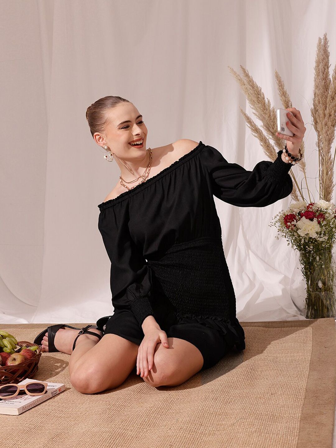 STREET 9 Off-Shoulder Smocked Georgette Layered A-Line Dress