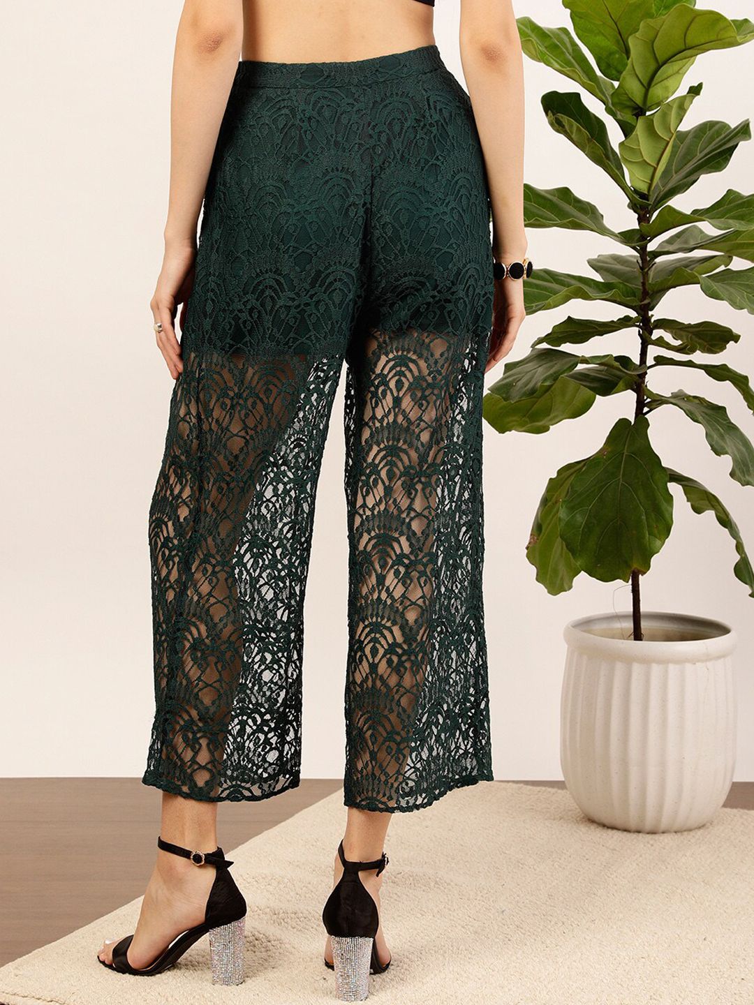 STREET 9 Women Green Floral Printed Relaxed Straight Fit High-Rise Parallel Laced Trousers