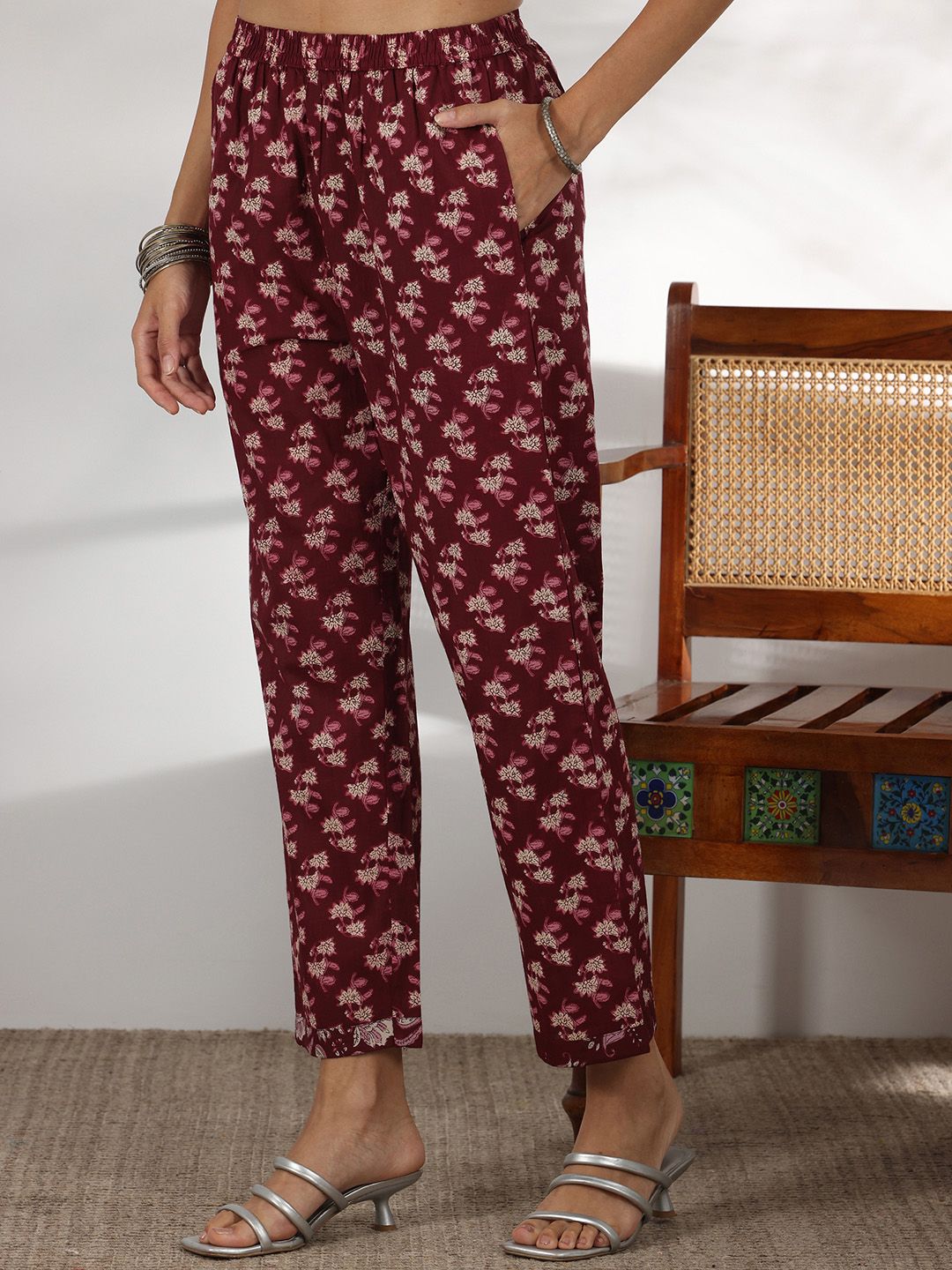 Libas Floral Printed Gotta Patti Pure Cotton Straight Kurta with Trouser & Dupatta