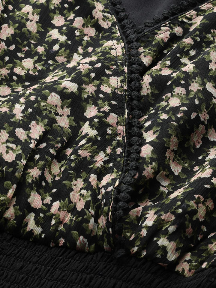 Antheaa Women Black & Green Floral Print Smocked Wrap Dress