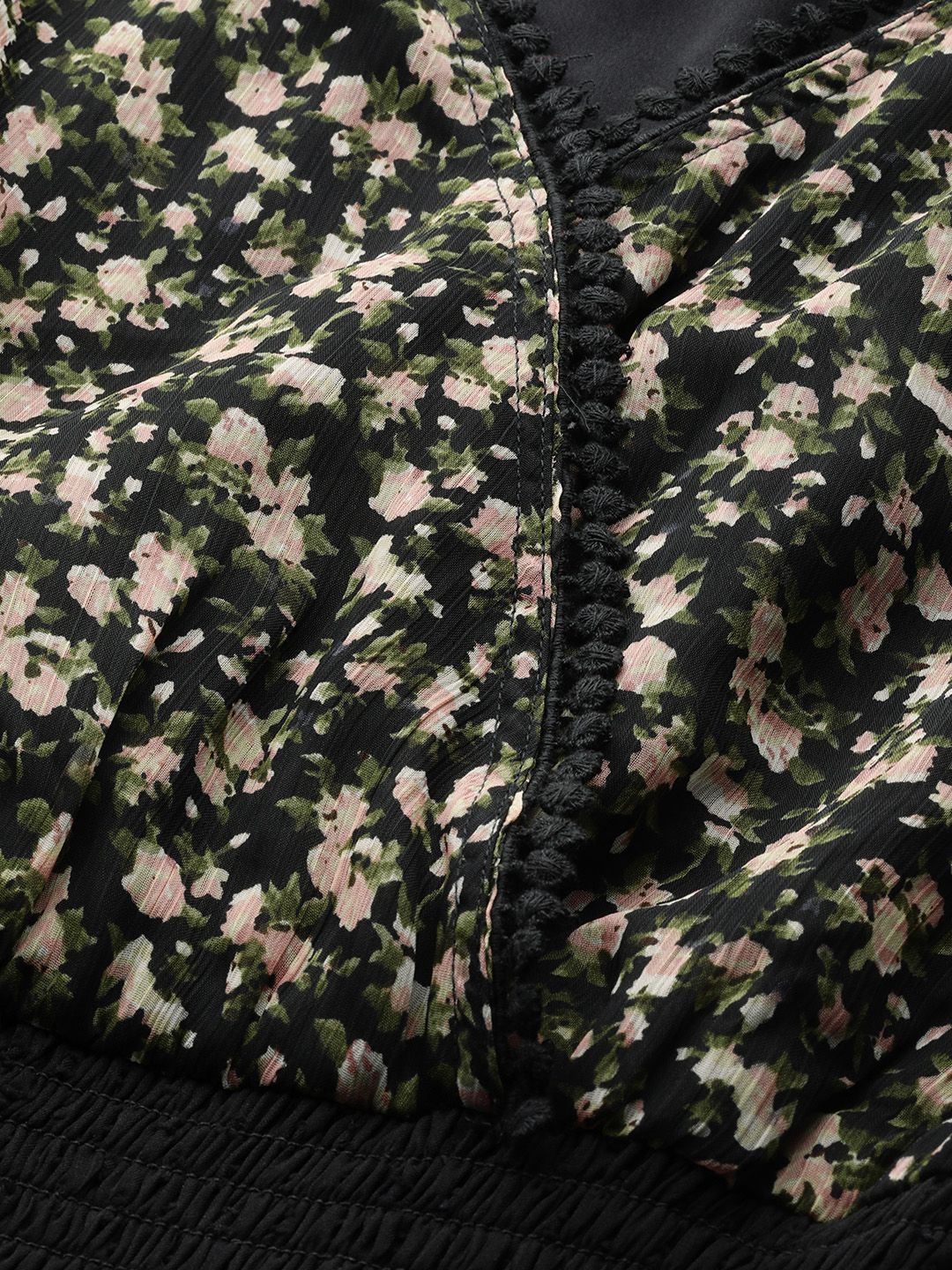 Antheaa Women Black & Green Floral Print Smocked Wrap Dress