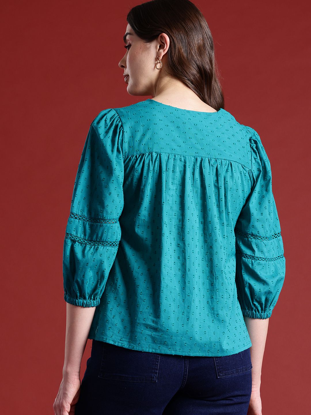 all about you Lace Detailed Puff Sleeves Pure Cotton A-Line Top