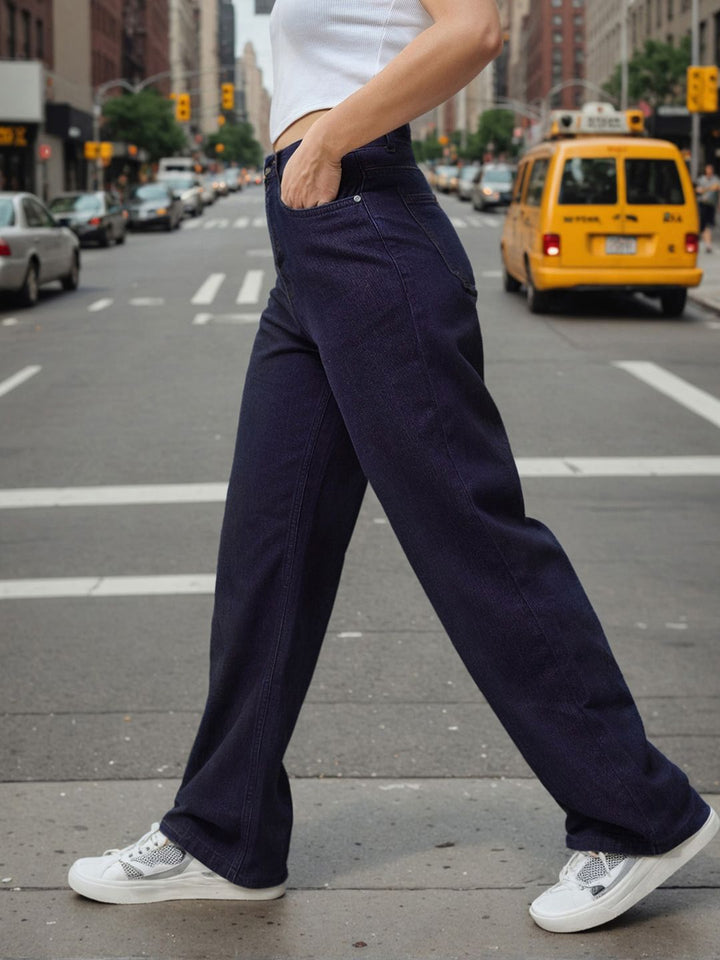 Bewakoof Women Blue Baggy Wide Leg Clean Look Cotton Jeans