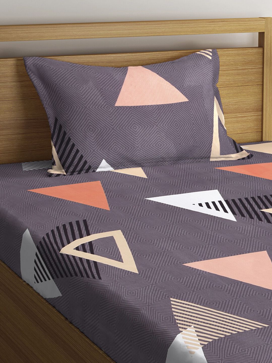 KLOTTHE Grey Geometric 300 TC Cotton Blend Elasticated Single Bedsheet with Pillow Cover