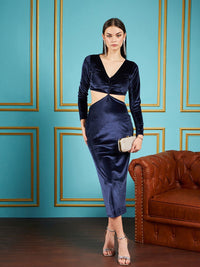 SASSAFRAS Navy Blue V-Neck Cut-Out Detail Velvet Sheath Dress