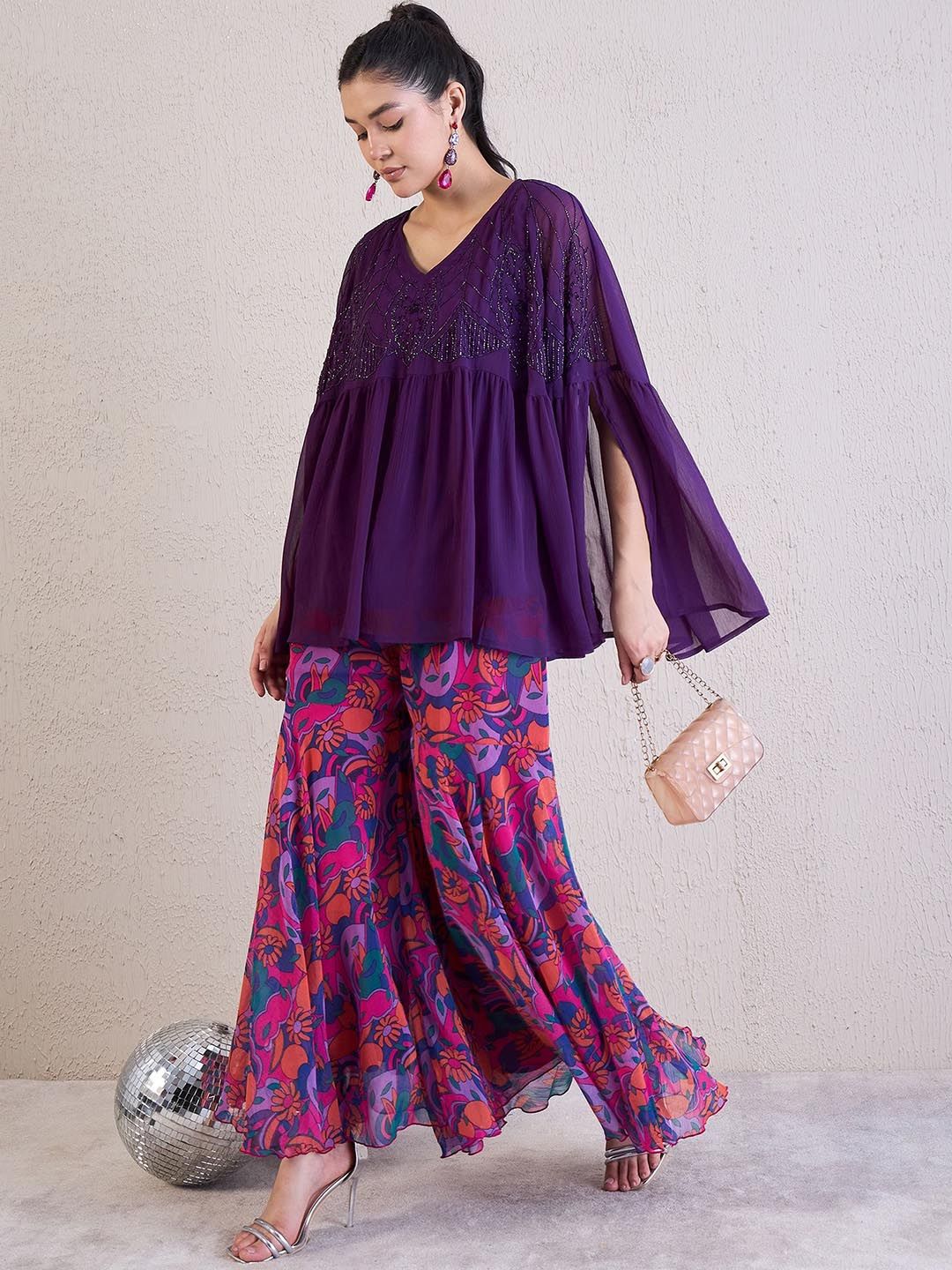Antheaa Purple Embellished V-Neck Three Quarter Sleeve Top & Sharara